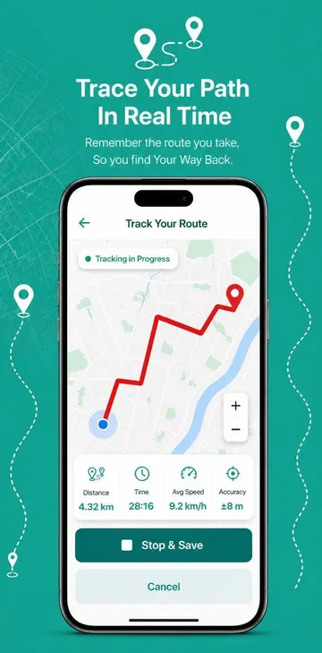 NAVIORA app: Trace Your Path In Real Time. Track Your Route screen with distance, time, average speed and accuracy, and a Stop & Save button