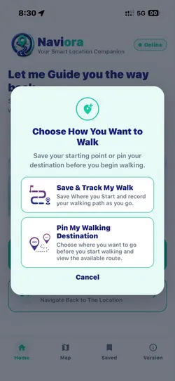 NAVIORA app: Choose How You Want to Walk, with Save & Track My Walk and Pin My Walking Destination