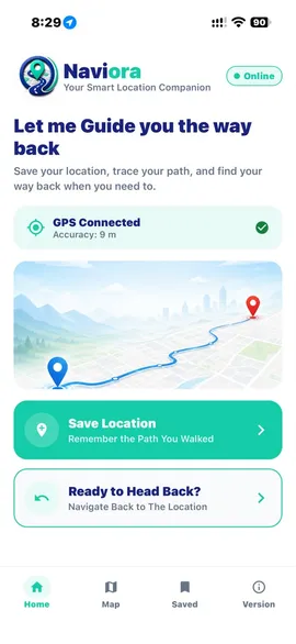 NAVIORA app home screen: Let me Guide you the way back, GPS connected, Save Location and Ready to Head Back?